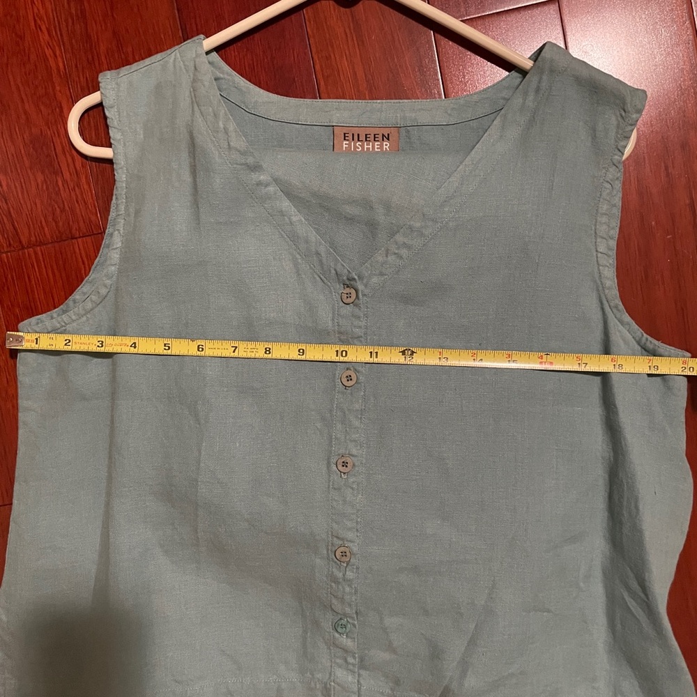 Eileen Fisher Vintage Light Teal Linen Button Vest & Shorts outfit or separates. - Picture 12 of 13
